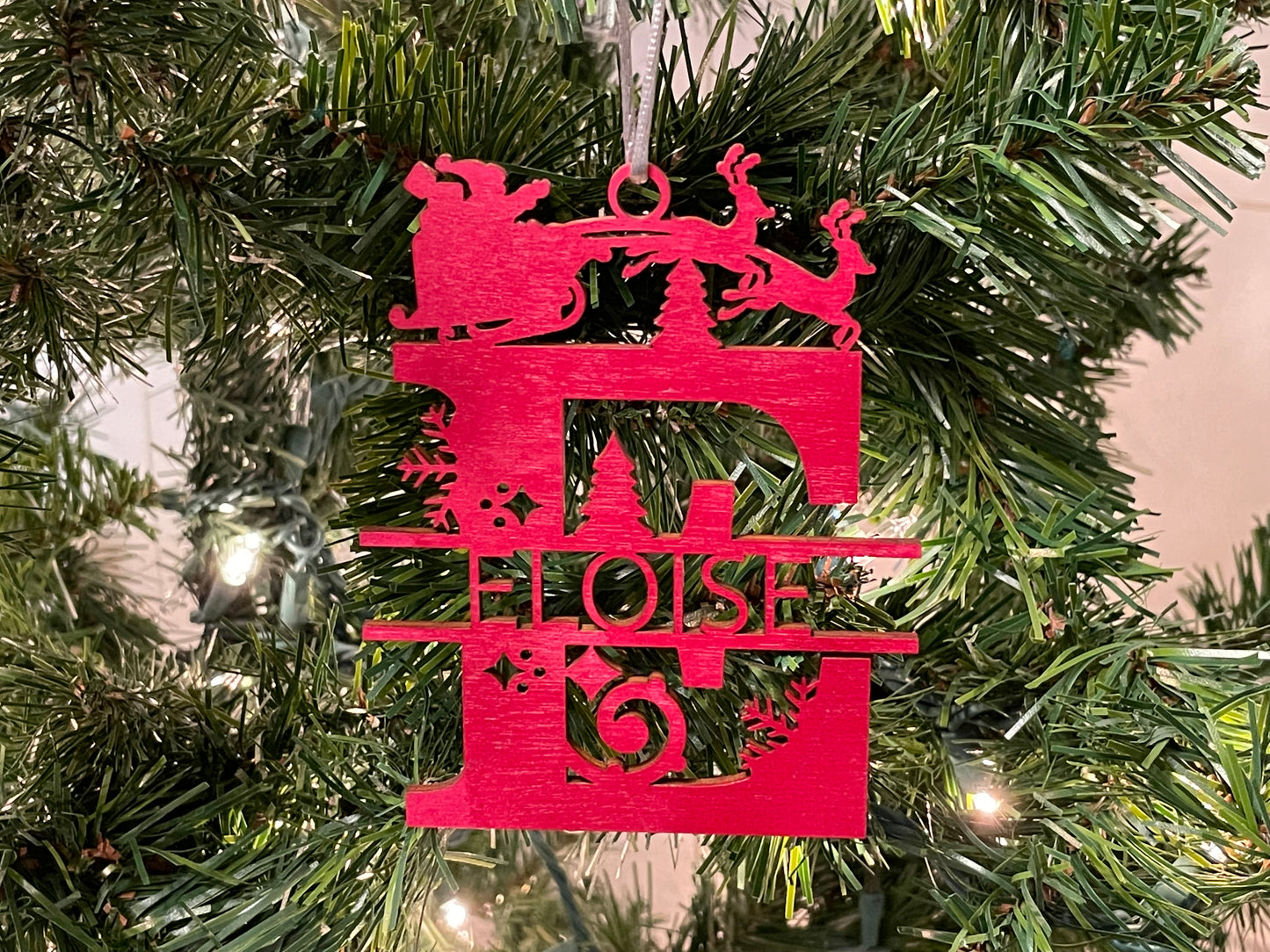 Custom Christmas Ornament painted red. Split Monogram for Eloise.