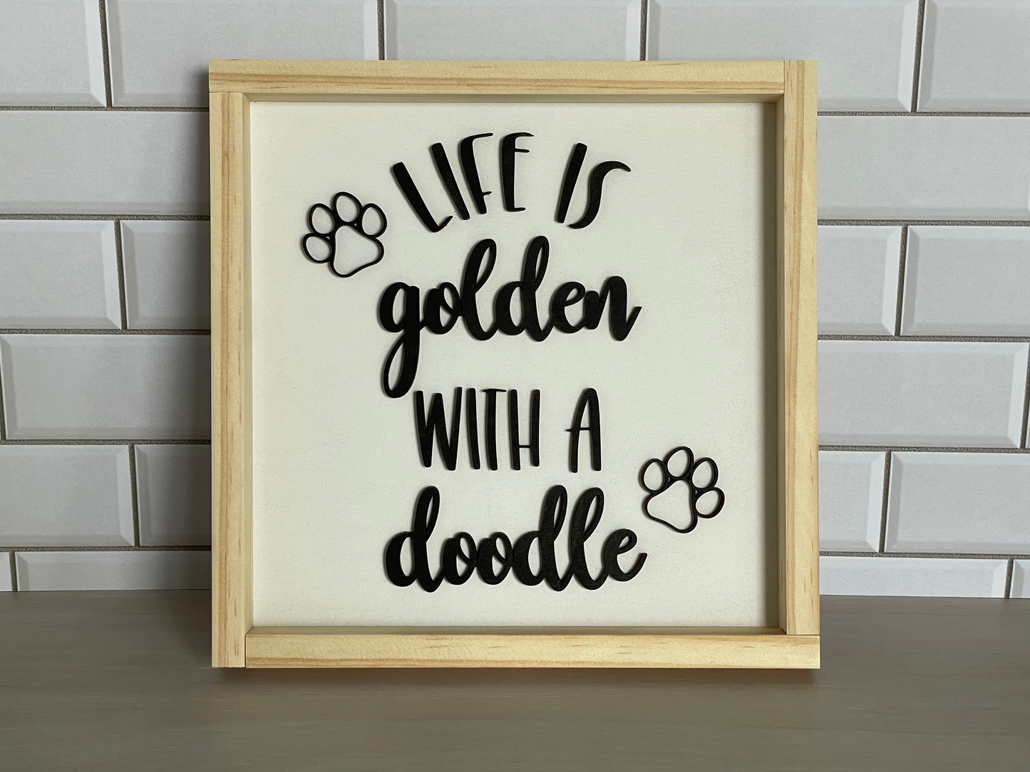 9x9 frame with laser-cut wood letters life is golden with a doodle