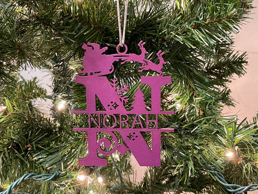 Custom Christmas Ornament painted purple. Split Monogram for Norah.