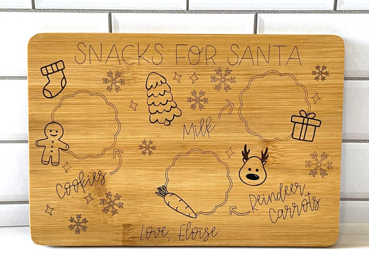 Bamboo tray scored and engraved with Snacks for Santa, personalized with child's name to leave milk, cookies, and carrots for Santa.